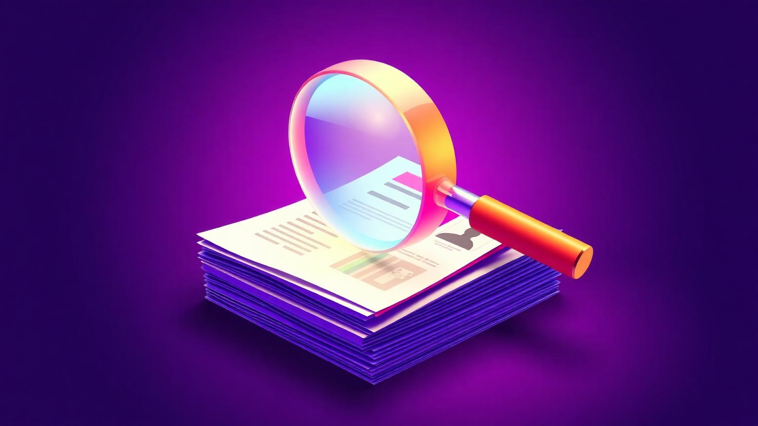 Illustration of a glowing magnifying glass over a stack of documents and a profile card