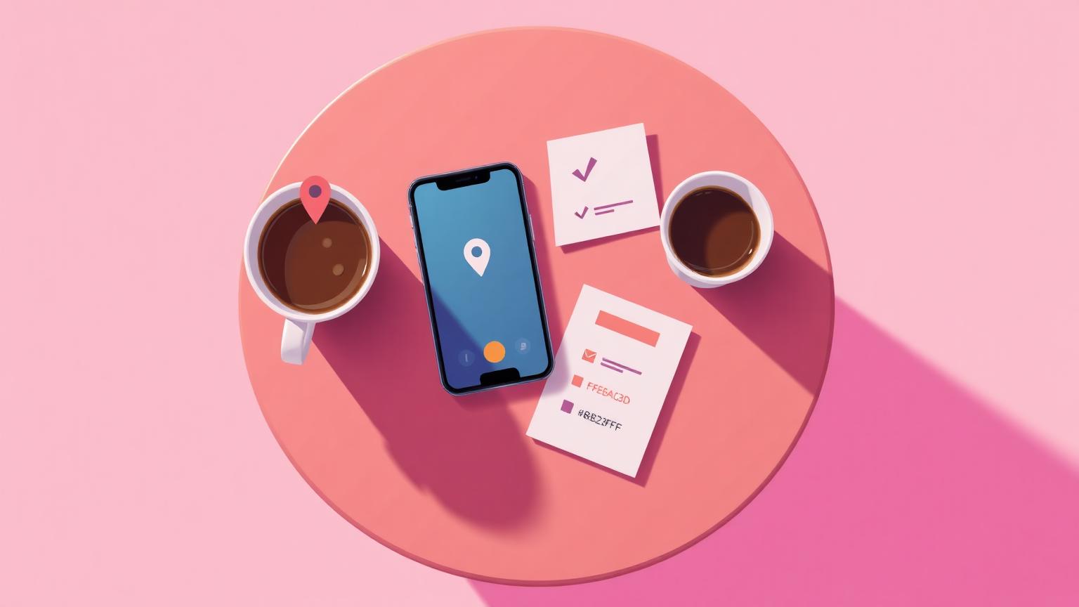 Illustration of a cafe table with two coffees, a phone sharing a location pin, and a checklist card