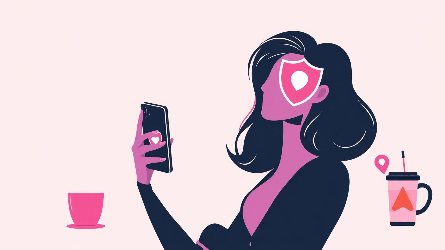 A woman checking her phone at a coffee shop table before a first date.